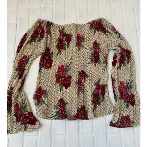 Vintage Dress U by Sharon Off Shoulder Bell Sleeves Rose Pleated Blouse Top sz L